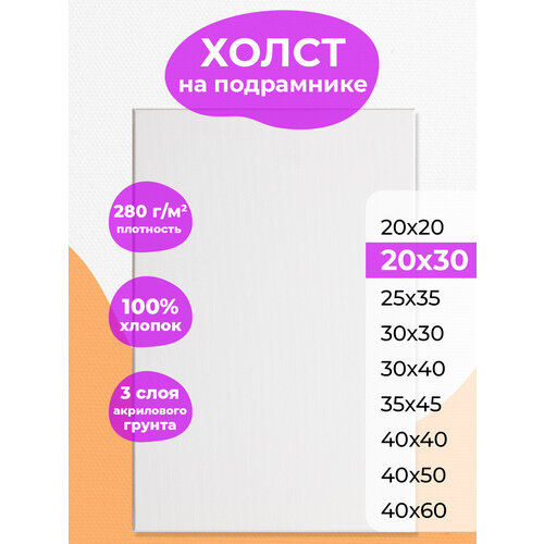 Холст на подрамнике 20х30 РамКом, мини грунтованный хлопковый для рисования, для акрила , масла, гуаши, темперы, белый маленький хост