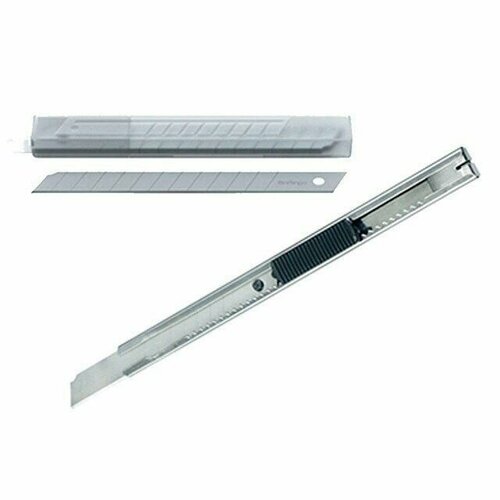 нож канцелярский для бумаги маленький 9мм с фиксатором Нож канцелярский 9мм, auto-lock, металлический корпус + 10 запасных лезвий