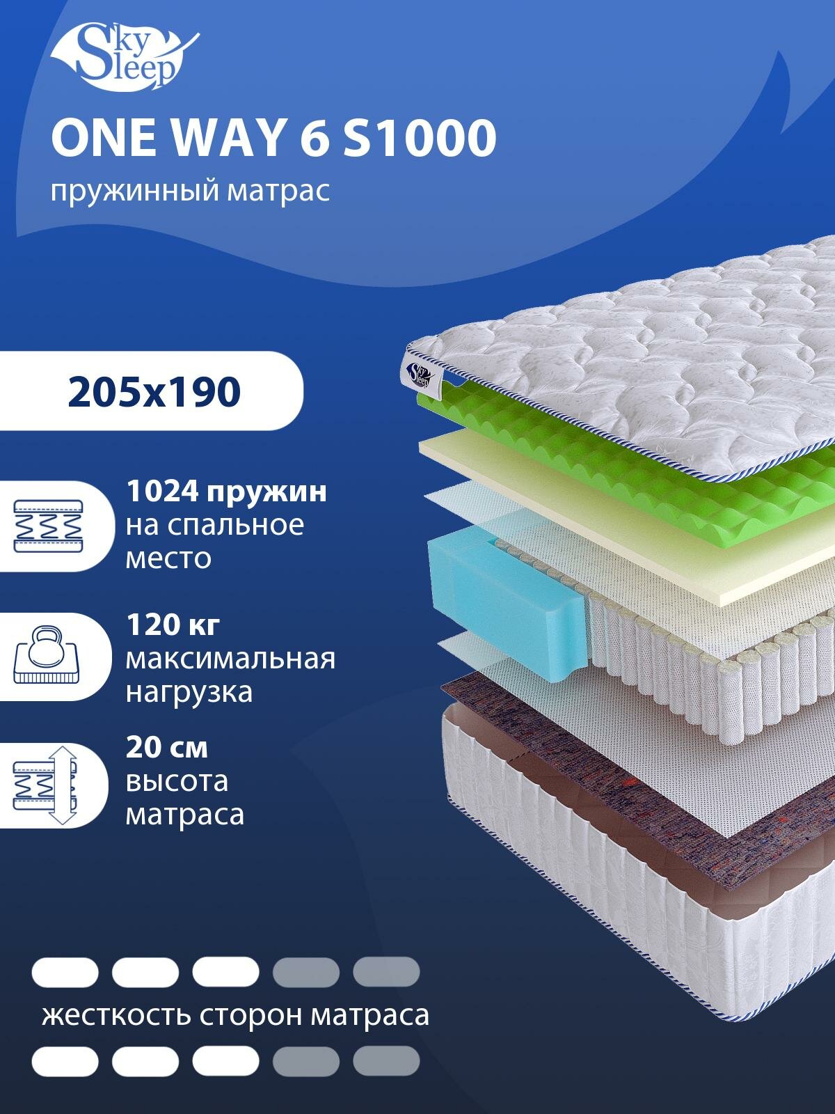Односторонний ортопедический матрас SkySleep ONE WAY 6 S1000 на кровать 205x190