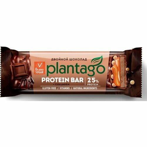 Батончик Plantago с высоким содержанием белка глазированный CRUNCH Двойной шоколад 25% протеина с коллагеном и витаминным комплексом