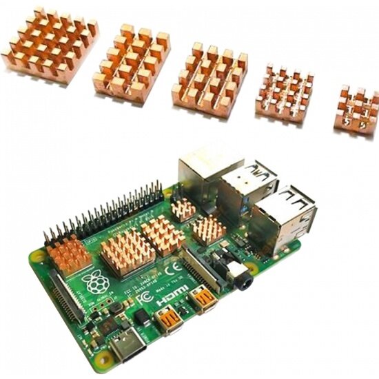 Набор радиаторов Raspberry ACD 5 in 1 Pure Copper HeatSink (15x10x4мм, 14x14x4мм, 13x11x4мм, 9x9x4мм и 7x7x4мм) для 4B комплект из 5 шт