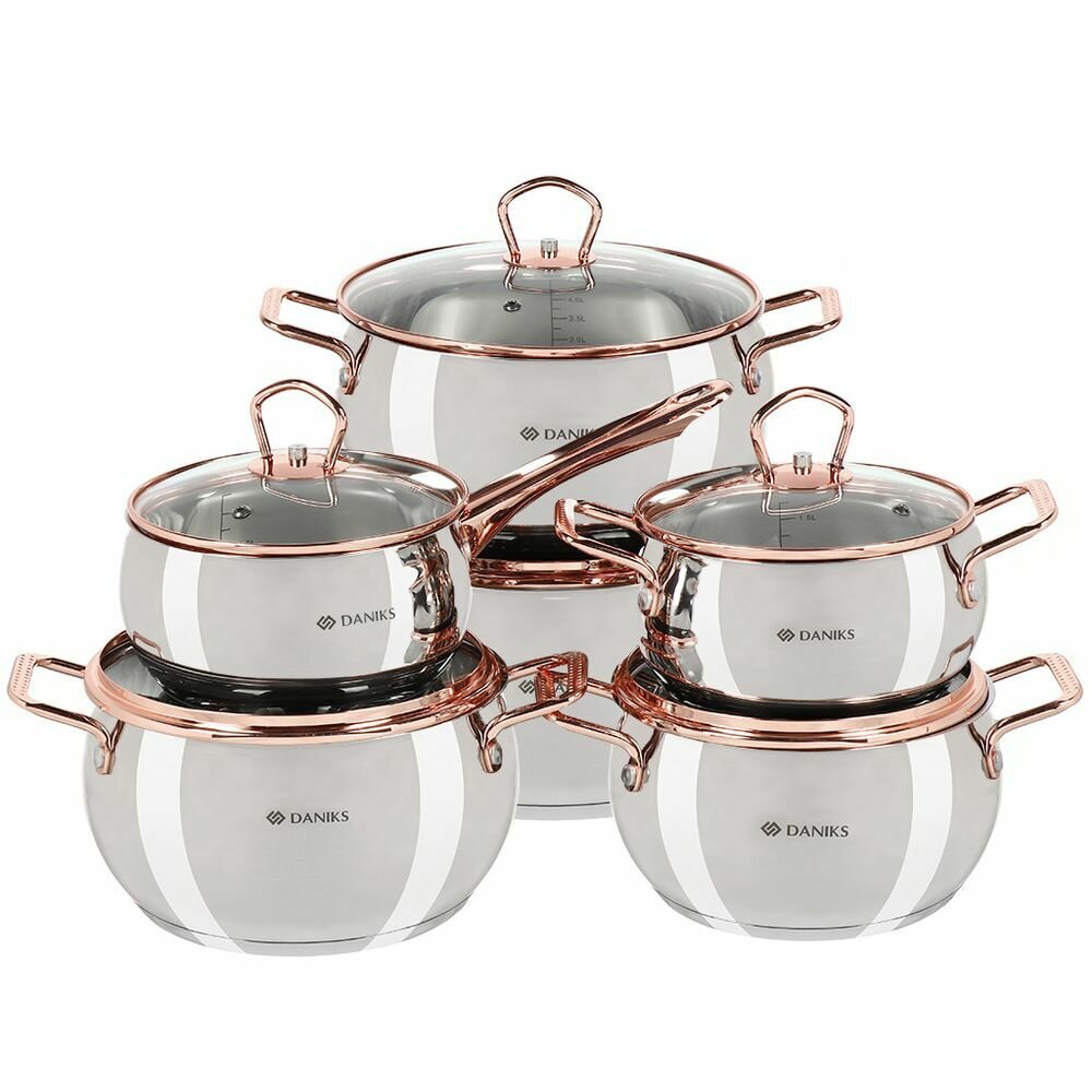 фото Набор посуды нерж, 12 пр, кастрюли 1.8, 2.5, 3.4, 4.5, 5.8 л, ковш 1.8 л, индукц, Daniks, Карлин, GS