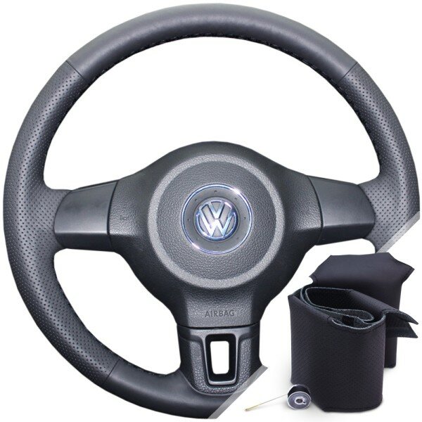 Оплетка на руль из натуральной кожи Volkswagen Polo V (6R1, 9N) 2009-2014 г. в. (для руля без штатной кожи, черная) #0012