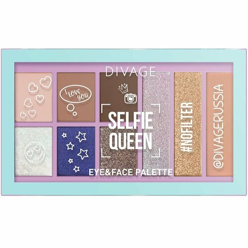 Divage Мультифункцион-я палетка д лица Selfie Queen: тени тона Naked, Famous, Chocolate, Royal, Queenie, Drama, хайлайтеры тона: Sparkle, Goldess