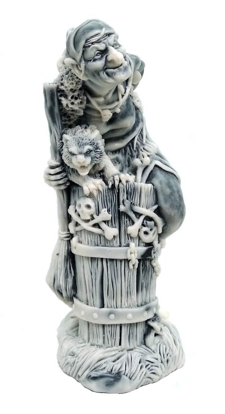 Статуэтка Баба Яга в ступе с котом 11 см (мраморная крошка)