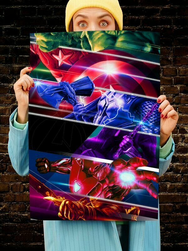 Постер интерьерный Мстители 3, 70х46 см. Матовый яркий. The Avengers Все вместе Железный человек Тони Старк Стражи Галактики Танос
