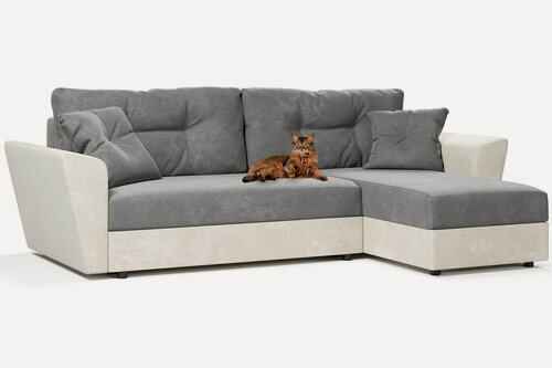 Изображение товара Угловой диван Амстердам еврокнижка, серый и бежевый велюр Кабрио, подушки серые, правый угол