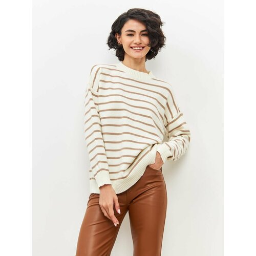 Джемпер, длинный рукав, оверсайз, удлиненный, вязаный, размер onesize, бежевый, белый