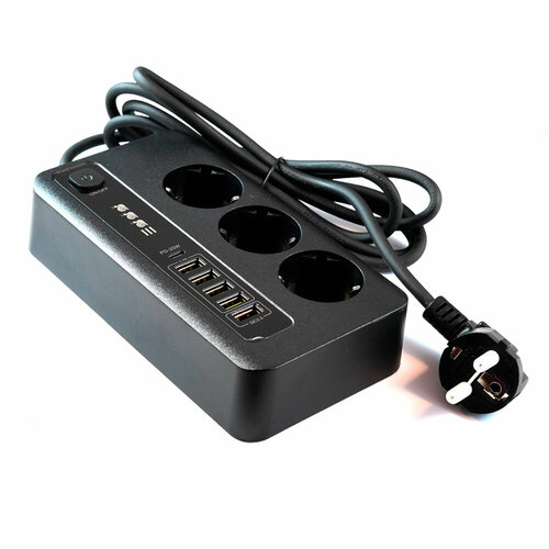 Удлинитель электрический Power Socket BKL-04, 2.0м, 3 розетки, Type-C, 1 USB QC3.0, 4 USB 3,4A, выключатель, PD20W, цвет: серый