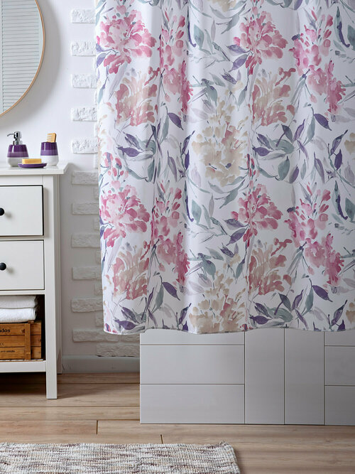 Занавеска (штора) Bоnsоir для ванной комнаты тканевая 180х200 (шхв)см, цвет розовый и фиолетовый