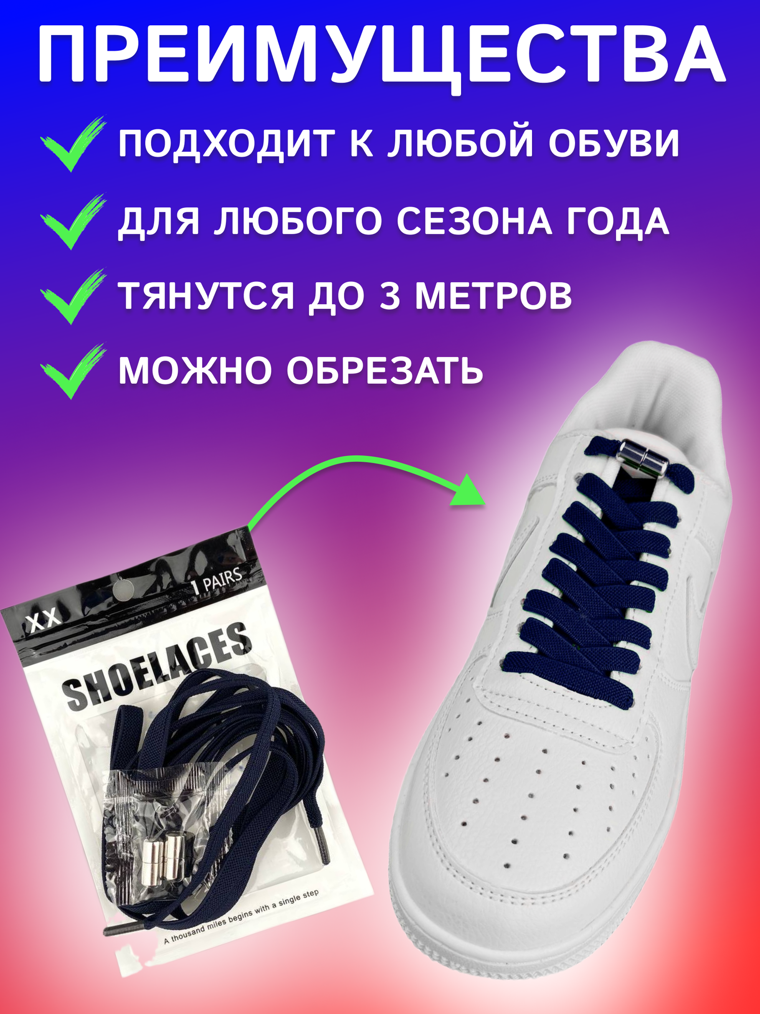 Шнурки для обуви эластичные плоские 1 пара 8мм., темно-синие с фиксаторами на резьбе - фотография № 4