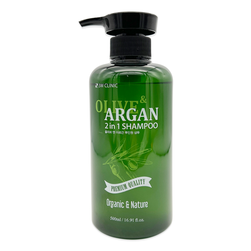 3W Clinic Шампунь для волос аргановое масло и олива Olive  & Argan 2 in 1 Shampoo, 500 мл