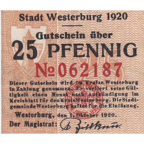 Германия (Веймарская Республика) Вестербург 25 пфеннигов 1920 г. (Вид 2) германия веймарская республика вестербург 25 пфеннигов 1920 г