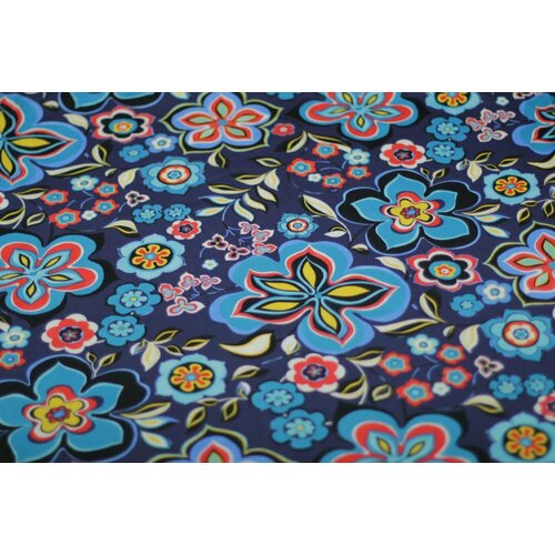 Ткань синий хлопковый трикотаж с цветами
