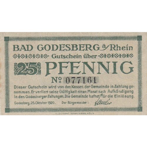 Германия (Веймарская Республика) Бад-Годесберг 25 пфеннигов 1920 г. (3) германия веймарская республика бад мергентхайм 5 пфеннигов 1920 г