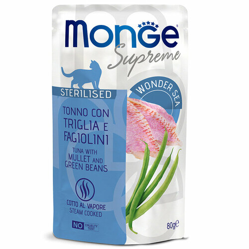Паучи Monge Supreme Sterilized Cat Тунец с кефалью и зелёной фасолью для стерилизованных кошек 80 г 12 шт. Monge 8009470006811