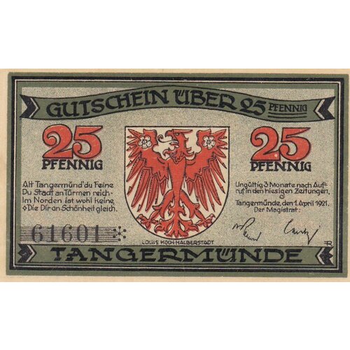 Германия (Веймарская Республика) Тангермюнде 25 пфеннигов 1921 г. (2) германия веймарская республика тангермюнде 10 пфеннигов 1921 г 2