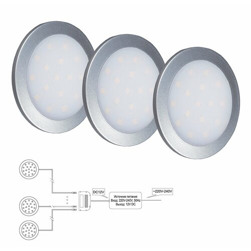Комплект светильников накл. (LED) 3 х Palis-19 1,3Вт, DC12В, 4000К, серебро, блок пит.