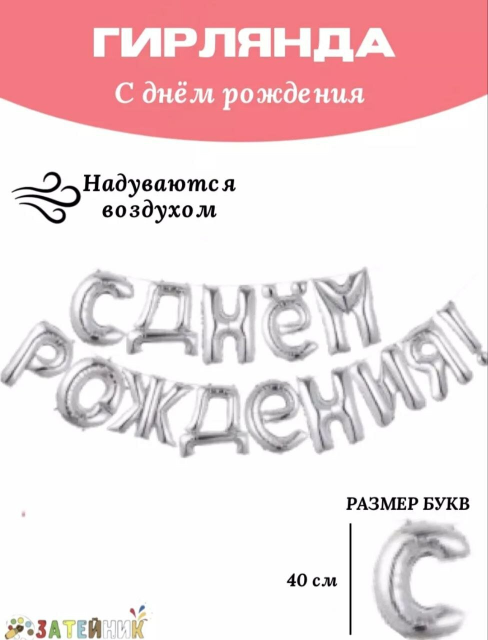 Шары С днем рождения серебристый цвет 40см