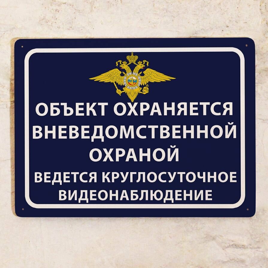 Металлическая табличка Объект охраняется вневедомственной охраной ведется круглосуточное видеонаблюдение для улицы металл 20х30 см.