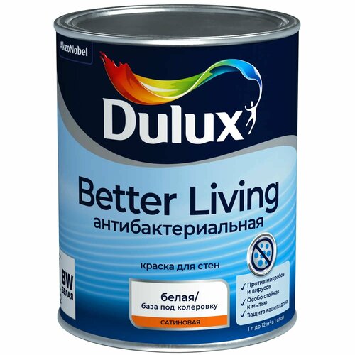 Краска для стен и потолков Dulux Антибактериальная цвет белый база BW 1 л краска для стен и потолков dulux антибактериальная цвет белый база bc 0 9 л