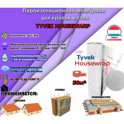 Tyvek Housewrap влаго-ветрозащитная пленка для стен и фасадов тайвек (рулон 75м2)