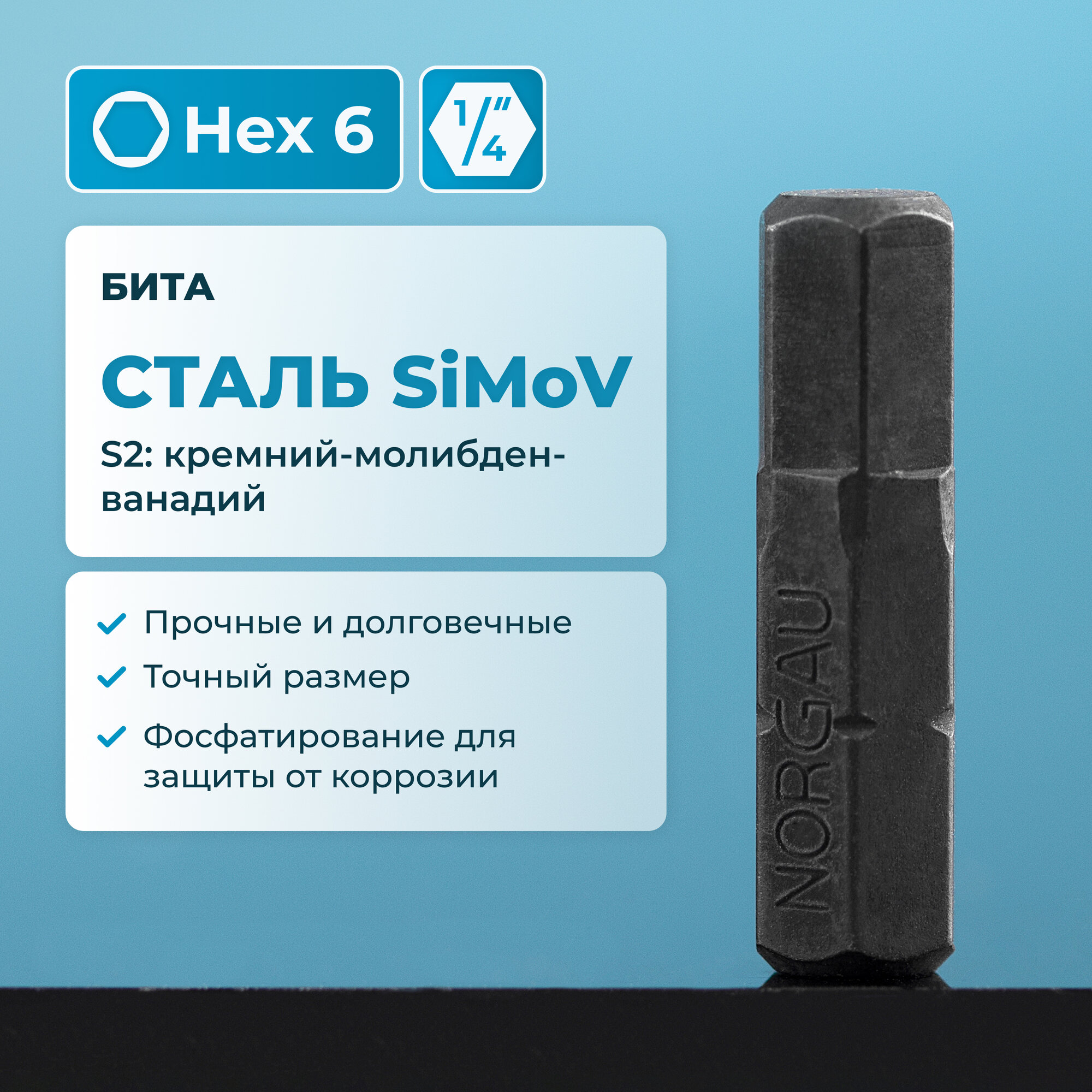 Бита HEX6 NORGAU Industrial из высокопрочной SiMoV стали S2  под шестигранник 1 4