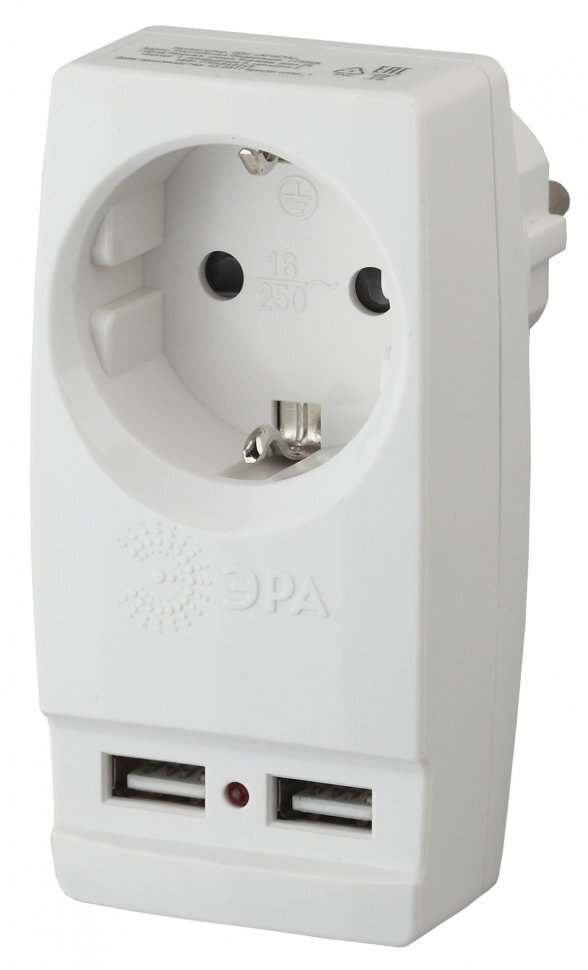 SP-1e-USB-W Адаптер 'Polynom' 1гн 220V + 2xUSB 2100mA c заземл (белый) Эра Б0026332