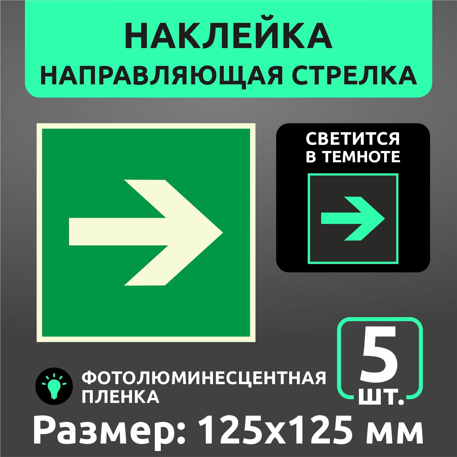 Пожарные наклейки светонакопительные Е02-01 "Направляющая стрелка" 125 х 125 мм 5 шт