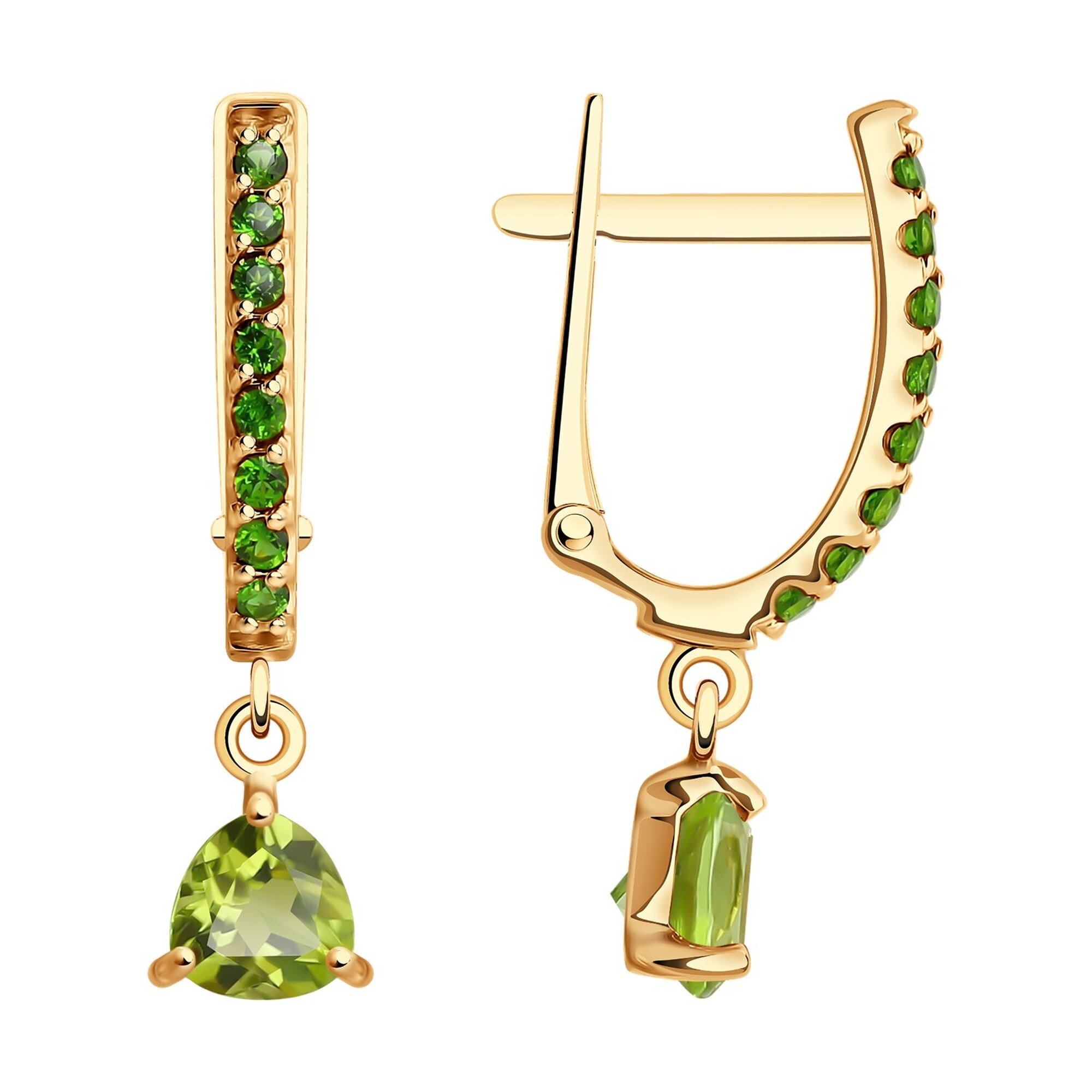 Серьги, красное золото, 585 проба, хризолит, хромдиопсид