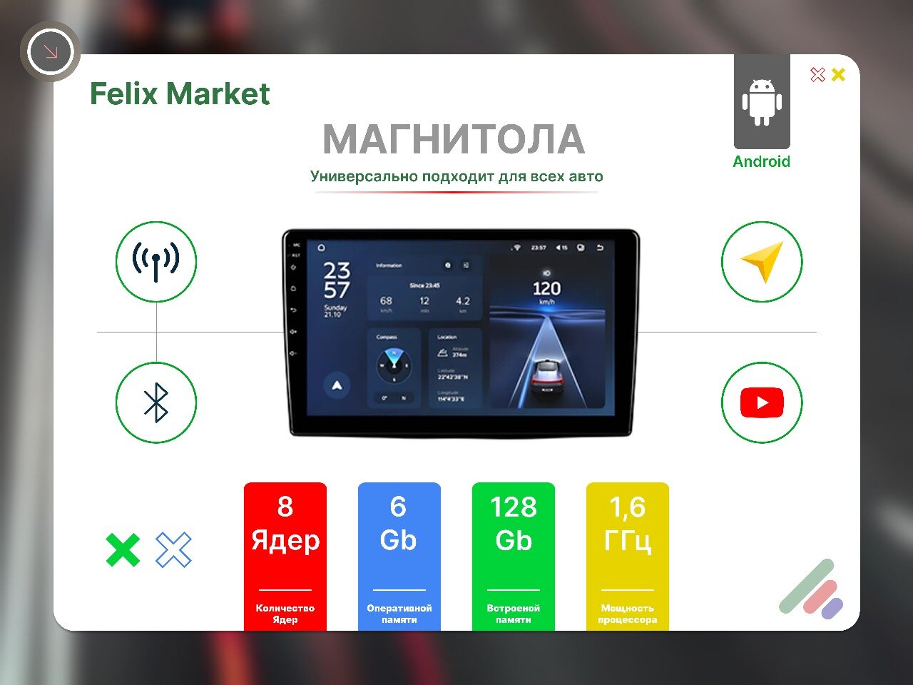 Магнитола 2din процессорная, QLED, слот SIM, 2 DIN. Android (6+128Gb) 8 ядер, 9 дюймов, магнитола для авто.