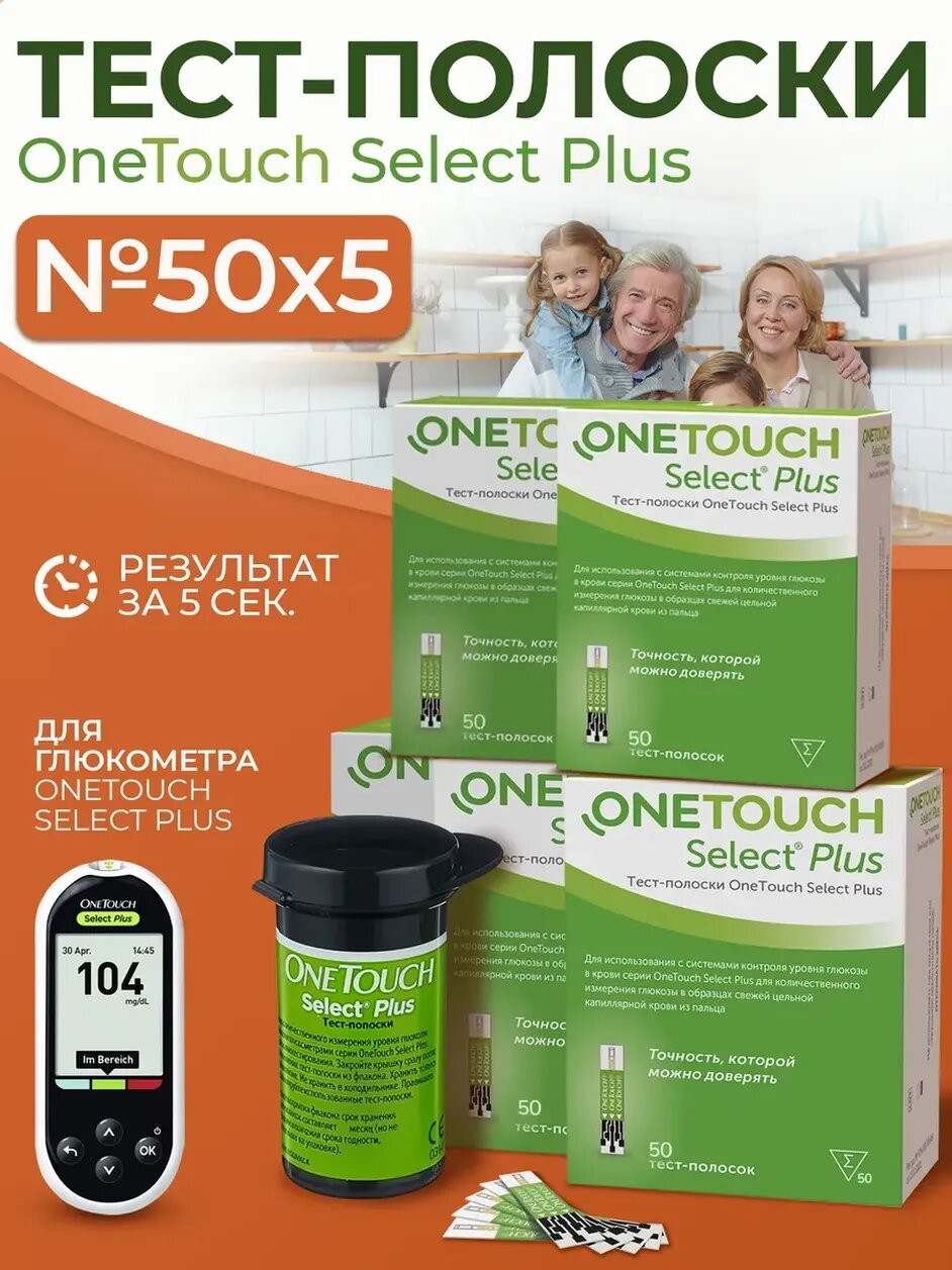 Тестполоски для глюкометра OneTouch Select Plus 50 5 250 штук 012026