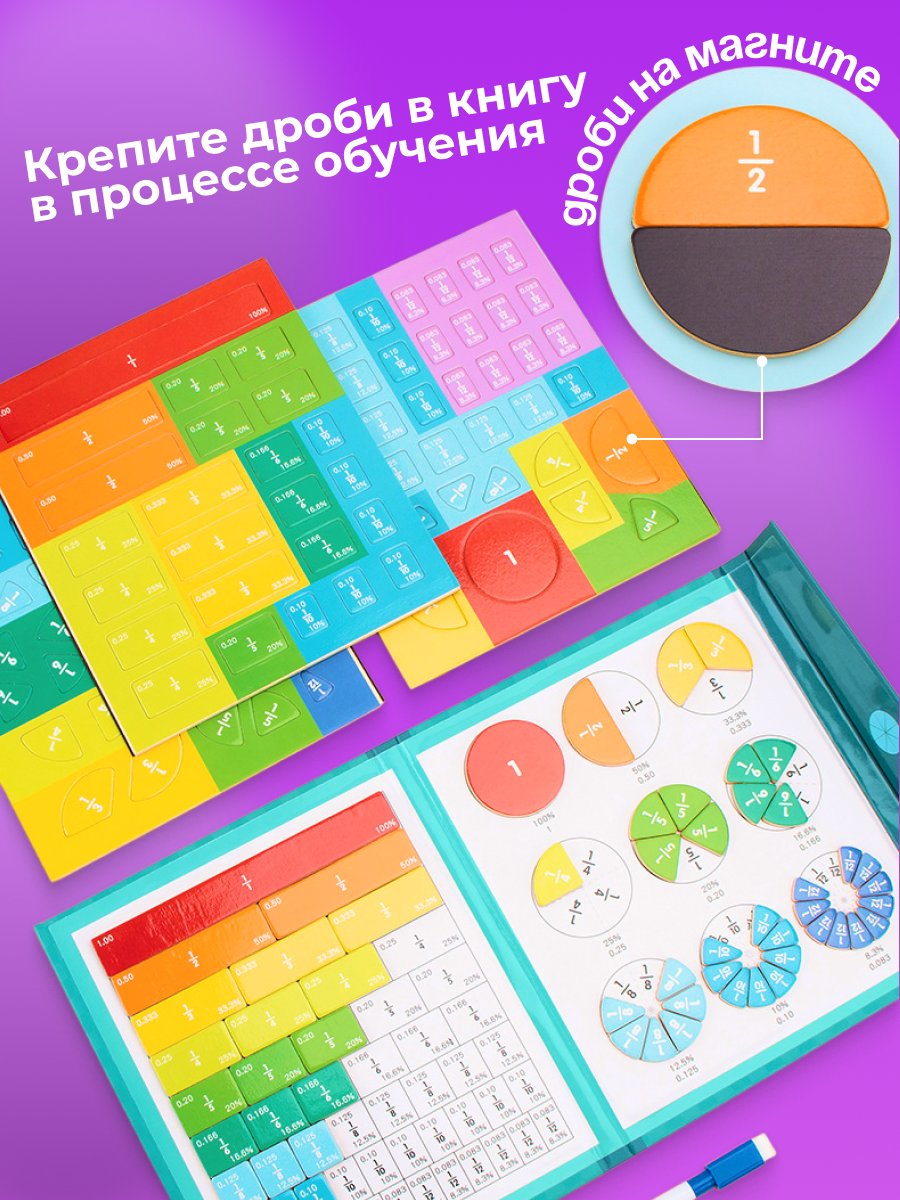 Магнитная обучающая книга "Дроби и Проценты", пластик, 3-5 лет — фото 1