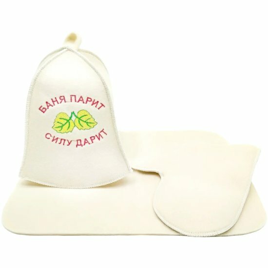 Набор для бани Бацькина Баня : Шапка Баня парит силу дарит (с листочком) коврик рукавичка
