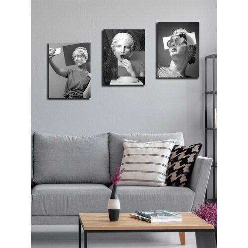 фото Картины на холсте loftime 3 шт скульпутры коллаж чб 2 30х40 к-641-3040