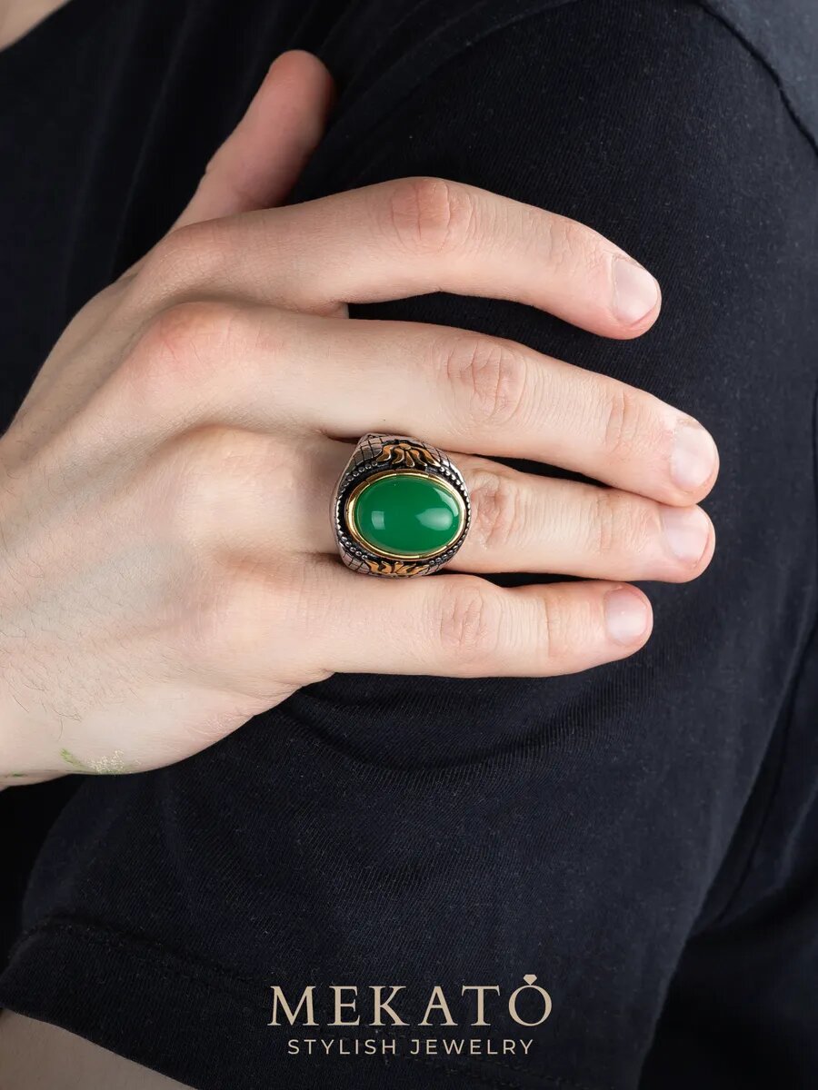 Печатка МЕКАТО, искусственный камень, размер 23, золотой, серебряный, зеленый — фото 1