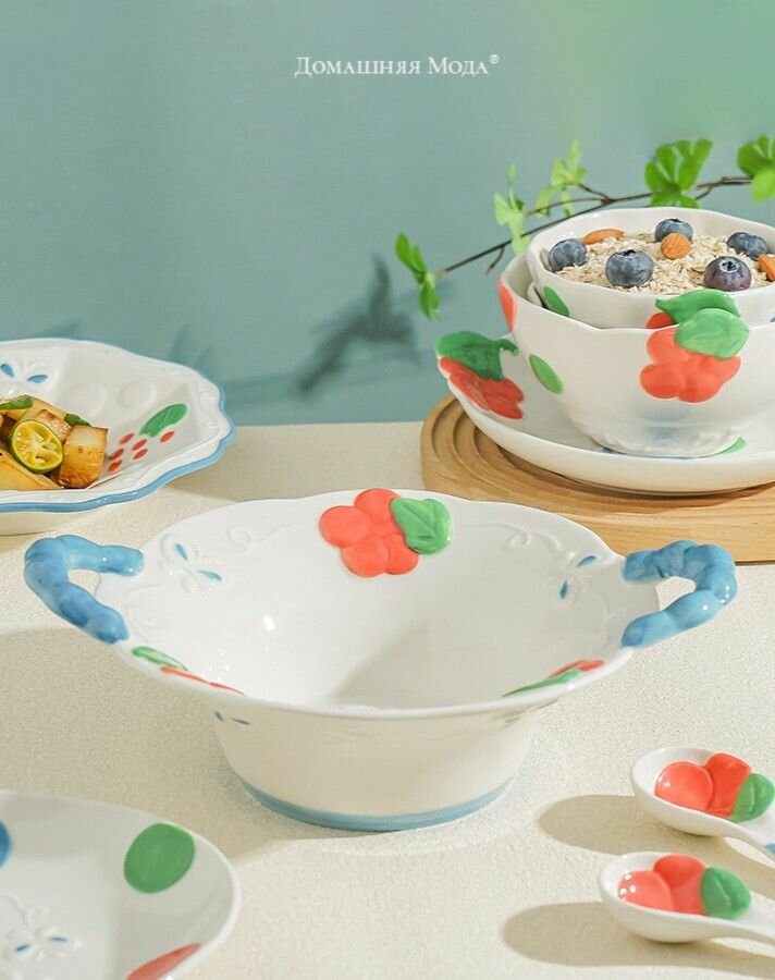 "Безе" "Виноград" Салатник керамический 800мл, 28х21,8х7,8см, с ручками, цветной декор, волнистый край