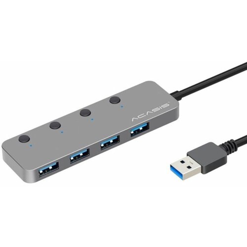 Хаб USB Acasis HS-080S на 4 порта USB 3.0 с кнопками выключения, 30 см, серый