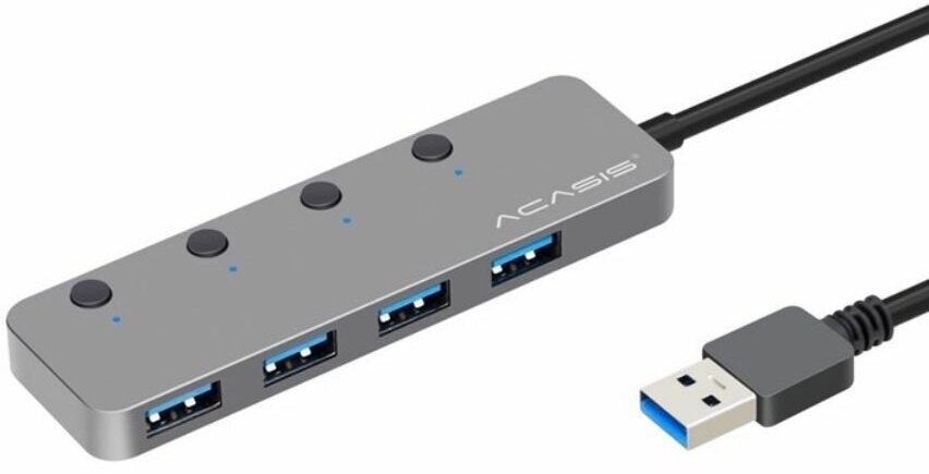 Хаб USB Acasis HS-080S на 4 порта USB 3.0 с кнопками выключения, 120 см, серый
