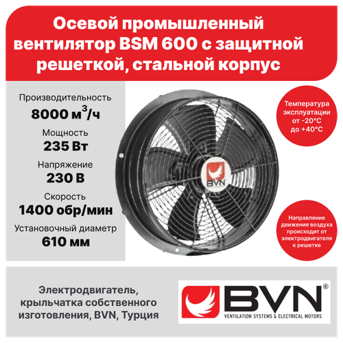 Промышленный осевой вентилятор BVN BSM 600, с защитной решеткой, 8000 м3/час, 230 В, 235 Вт, крыльчатка из листовой стали, стальной корпус