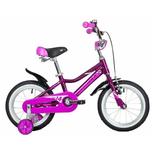 фото Детский велосипед novatrack 14" novara алюм., фиолетовый, пер.руч., зад.нож. тормоз, короткие крылья, полная