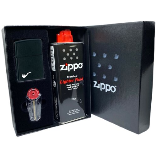 Подарочный набор ZIPPO ( Зажигалка ZIPPO 218PL Pipe, черная, с покрытием Black Matte + кремни + топливо, 125 мл )