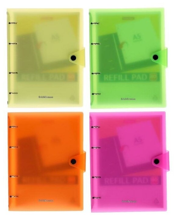 Тетрадь на кольцах А5, 80 листов в клетку ErichKrause "Neon", пластиковая обложка на кнопке, блок офсет, белизна 100%, микс