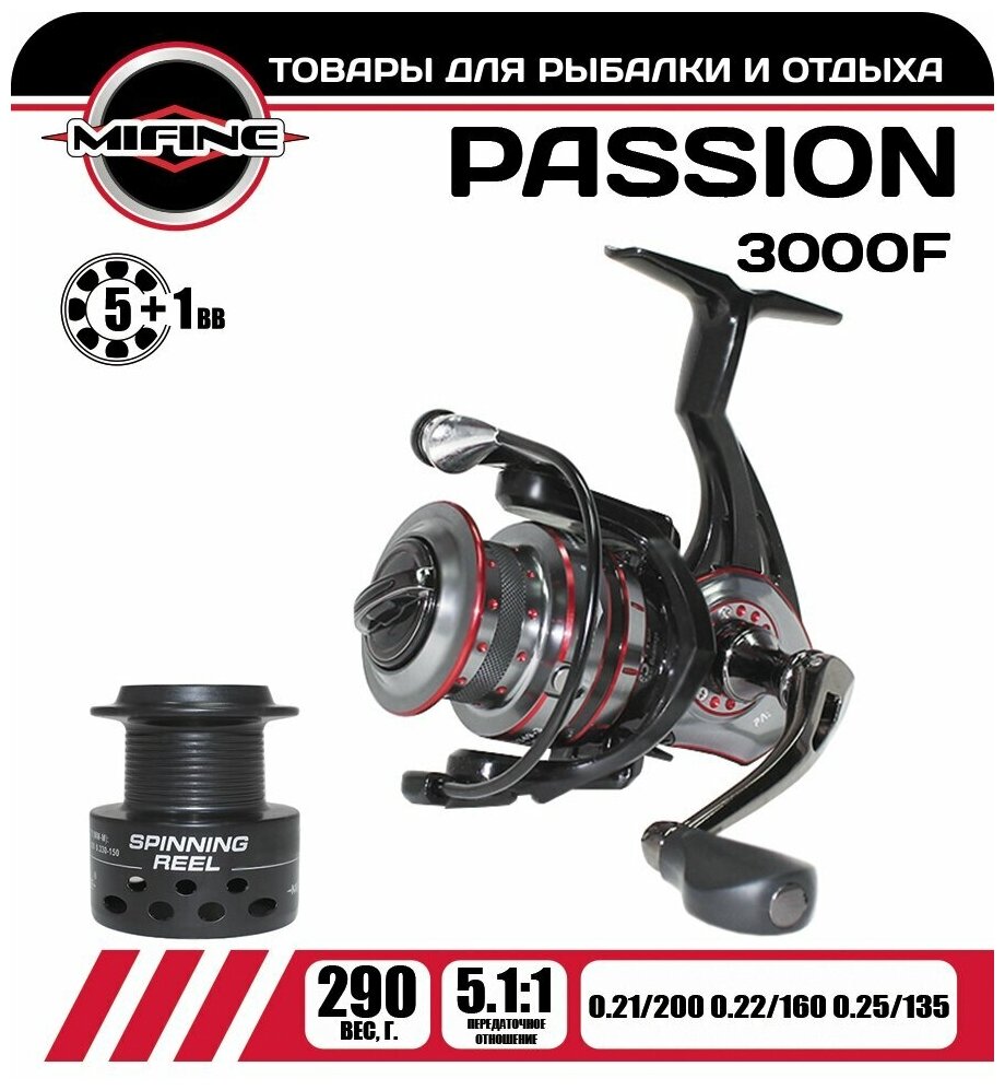 Катушка рыболовная MIFINE PASSION 3000F 5+1 подшипник, для рыбалки, для спиннинга, для фидера, с металлической шпулей