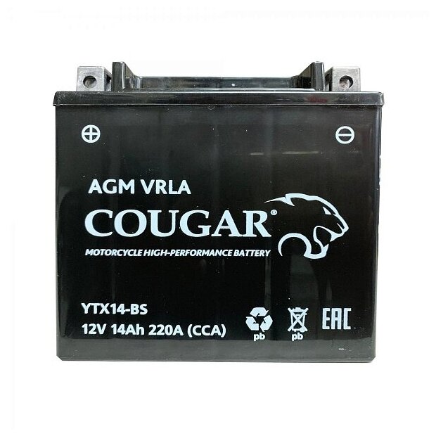 Аккумулятор мотоциклетный COUGAR AGM VRLA 12 V 14 Ah YTX14-BS 149x87x144