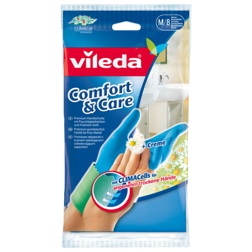 фото Перчатки vileda comfort & care с кремом для чувствительной кожи, 1 пара, размер m, цвет голубой