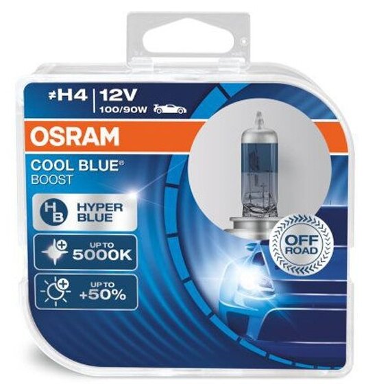 Лампа галогенная Osram H4 (100/90) P43t +50% Cool Blue Boost 5000K, 2шт, 12V, 62193CBB2