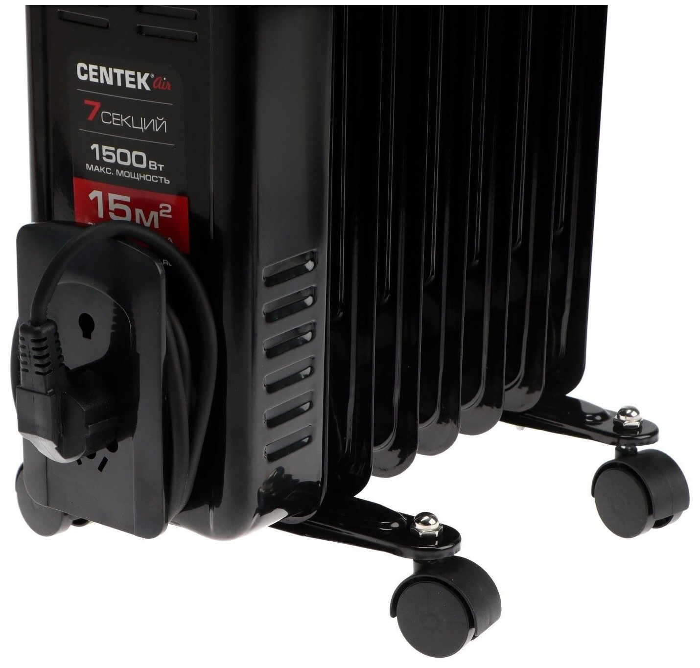 Масляный радиатор CENTEK CT-6200, 0.6 кВт, 15 м², колеса в комплекте, черный