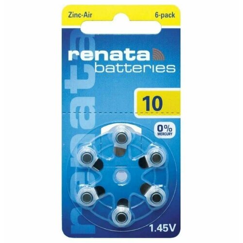 Батарейка ZA10 Renata Zinc Air 1.45V для слуховых аппаратов, 6 штук в 1 блистере
