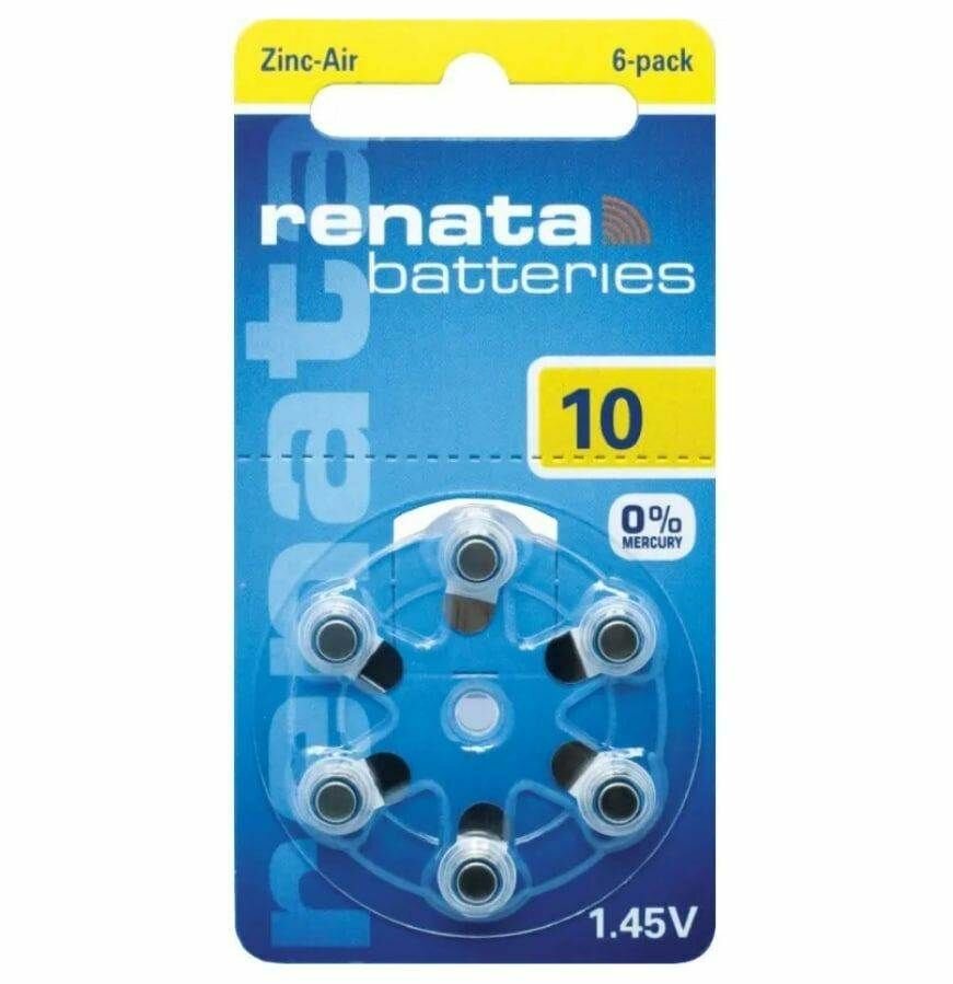 Батарейка ZA10 Renata Zinc Air 1.45V для слуховых аппаратов, 6 штук в 1 блистере